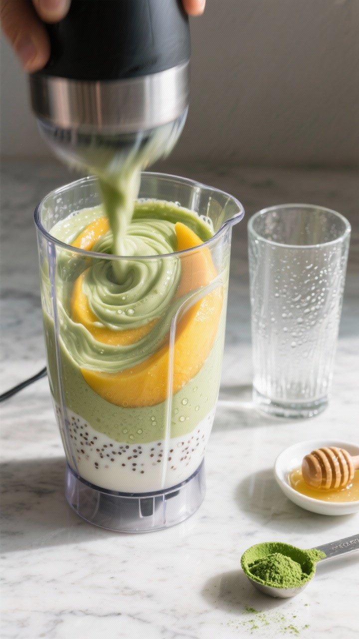 Cooking process shot: A high-speed blender mid-whirl blending a vibrant Mango Matcha Protein Smoothi