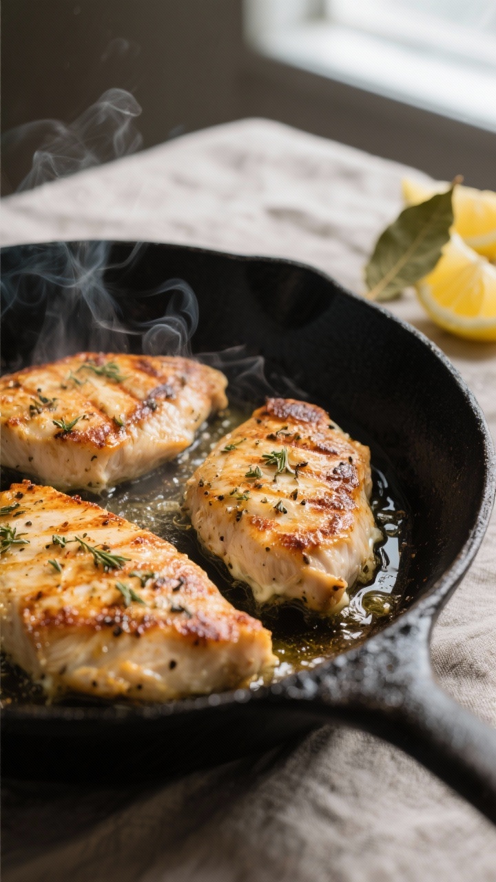 Cooking process, skillet sear: Close-up of golden-browned Greek yogurt–marinated chicken cutlets s