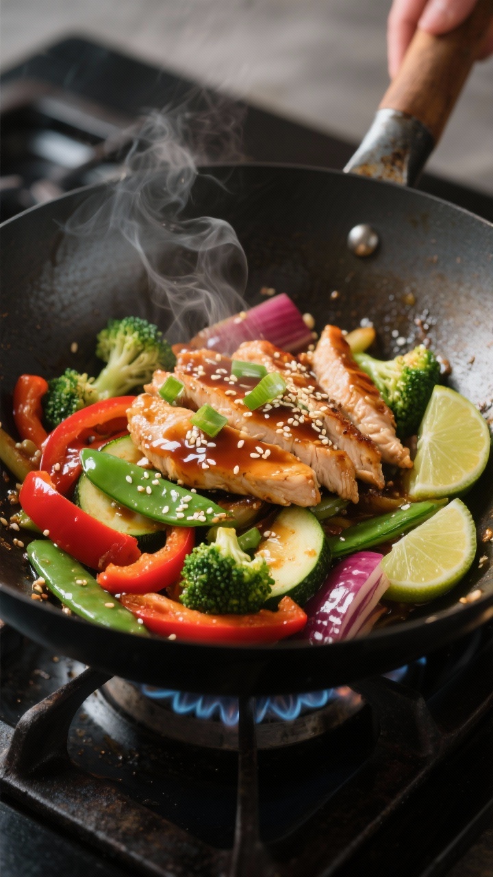 Cooking process, wok action: Searing chicken strips and crisp-tender veggies in a carbon-steel wok o
