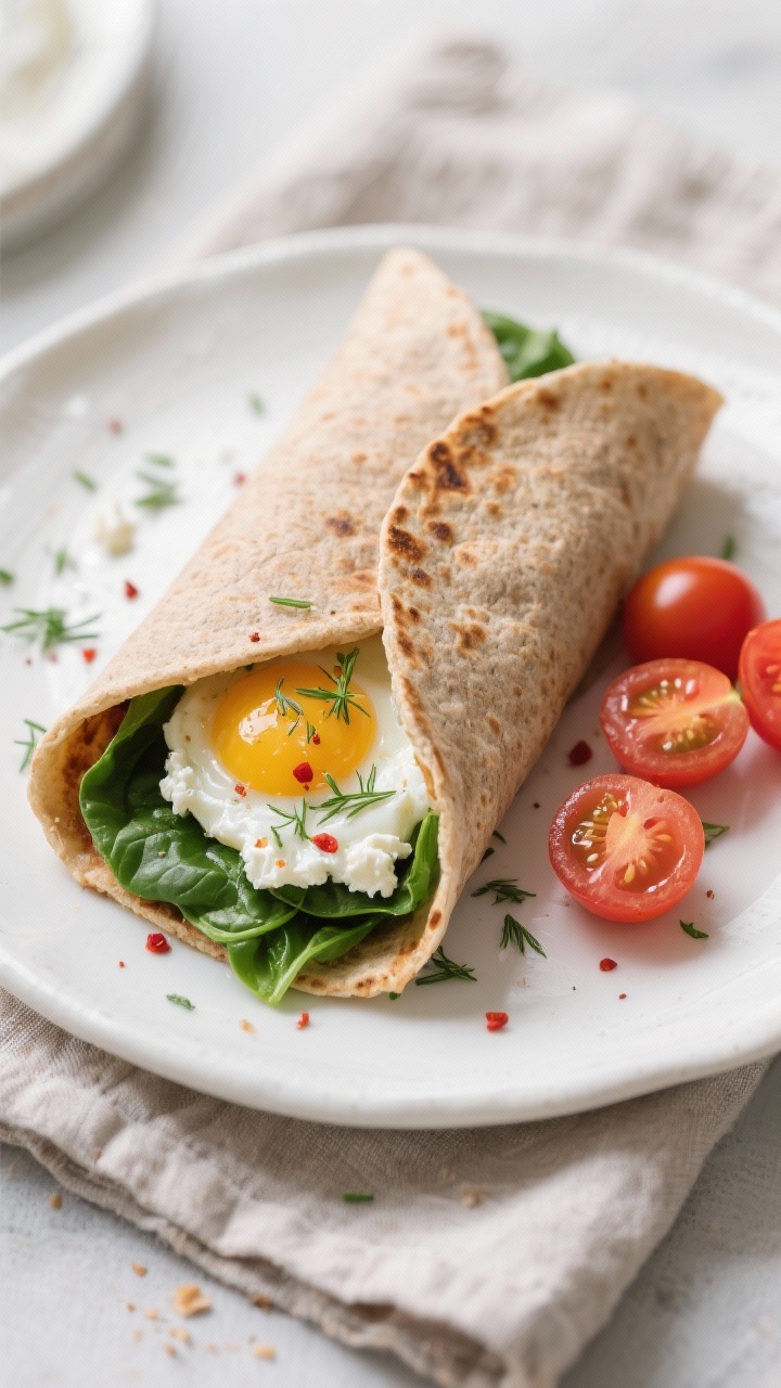 Final dish overhead: Overhead shot of a neatly toasted whole-wheat breakfast wrap, seam-side down an