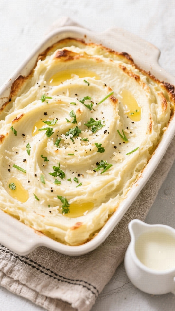 Final dish/overhead presentation: Tasty top view of Garlic Herb Make-Ahead Mashed Potatoes in a butt