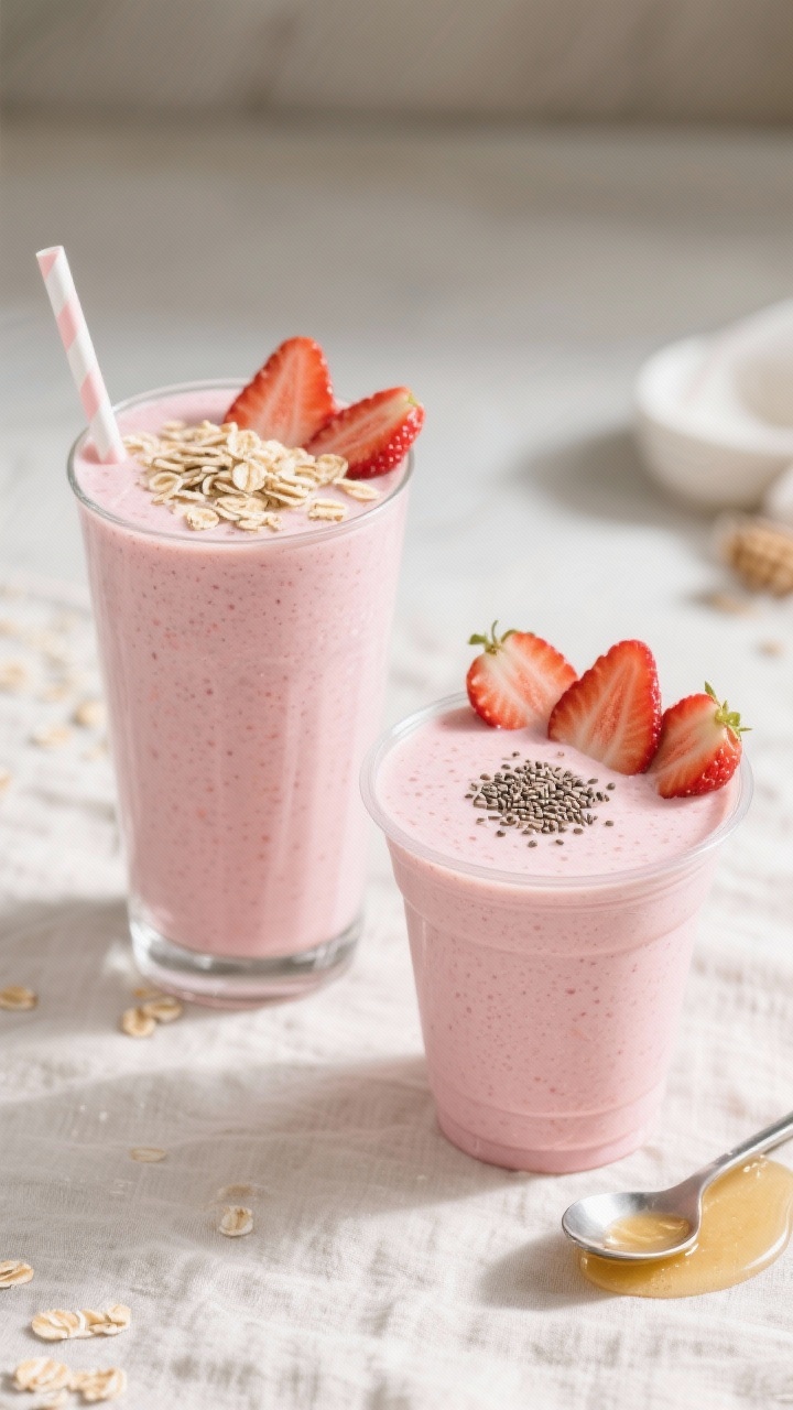 Final dish — Overhead shot of the finished Strawberry Oat Protein Smoothie poured into a tall clea