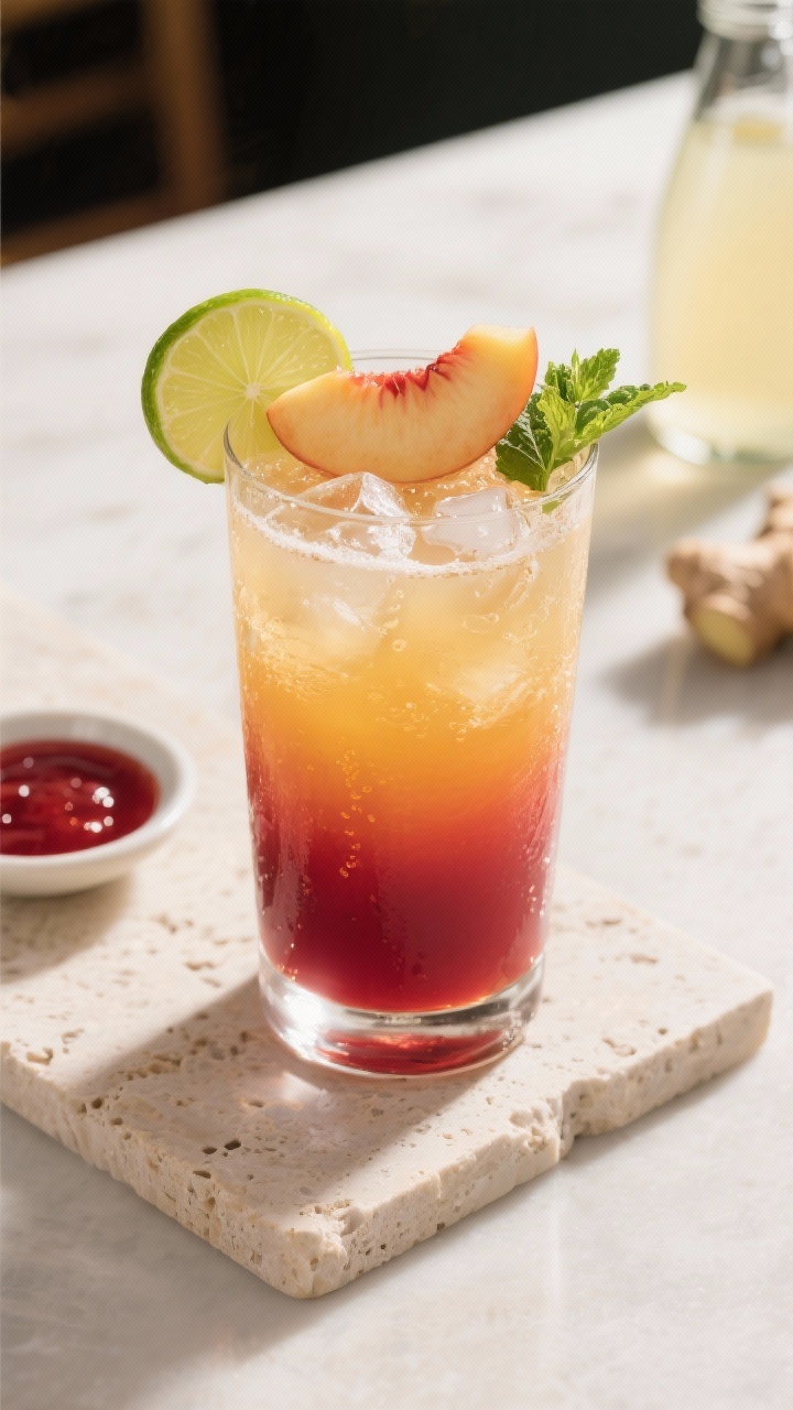 Final dish overhead shot: Top-down image of the finished Peach Ginger Sunrise Mocktail in a clear hi