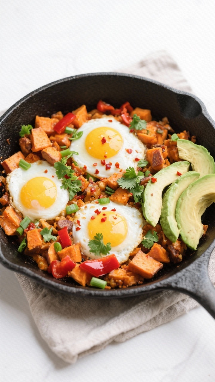 Final dish, overhead: Tasty top-down shot of the finished naturally gluten free sweet potato breakfa