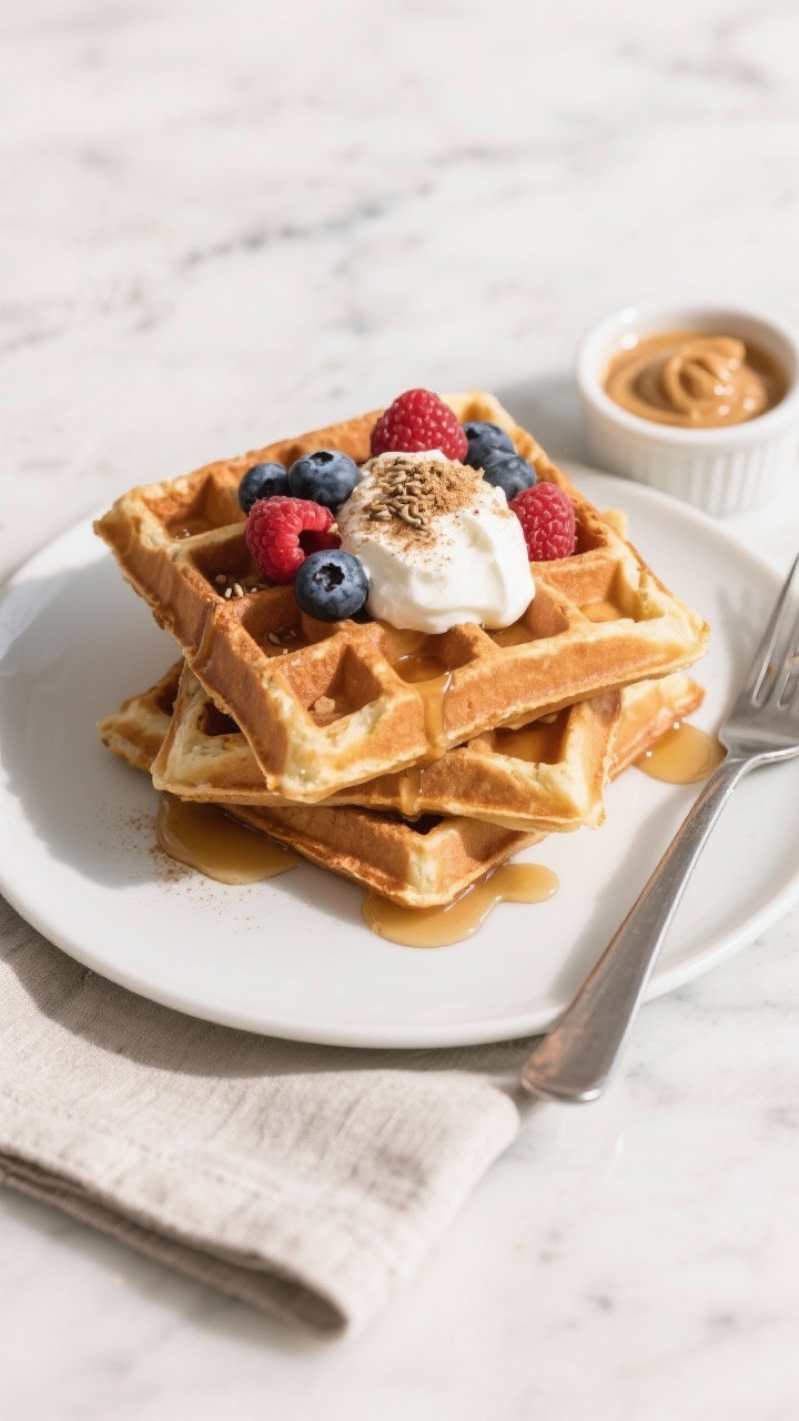 Final dish, overhead: Top-down shot of a stack of blender protein waffles on a matte white plate, ed