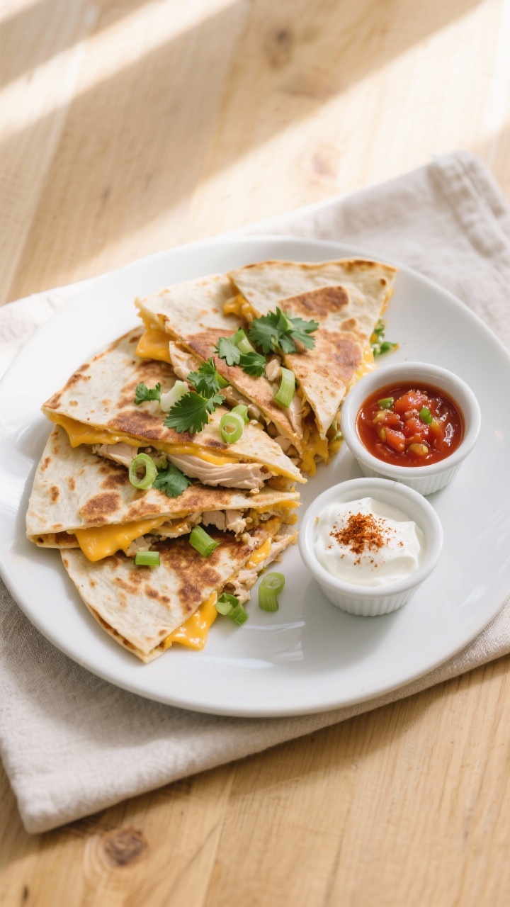 Final dish, overhead top view: Sliced high-protein chicken-and-cheese breakfast quesadilla arranged 