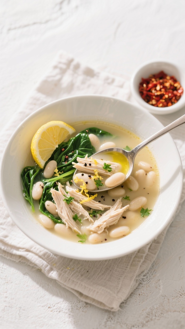 Final dish, tasty top view: Overhead shot of a ladle-served bowl of Creamy White Bean Chicken Soup, 