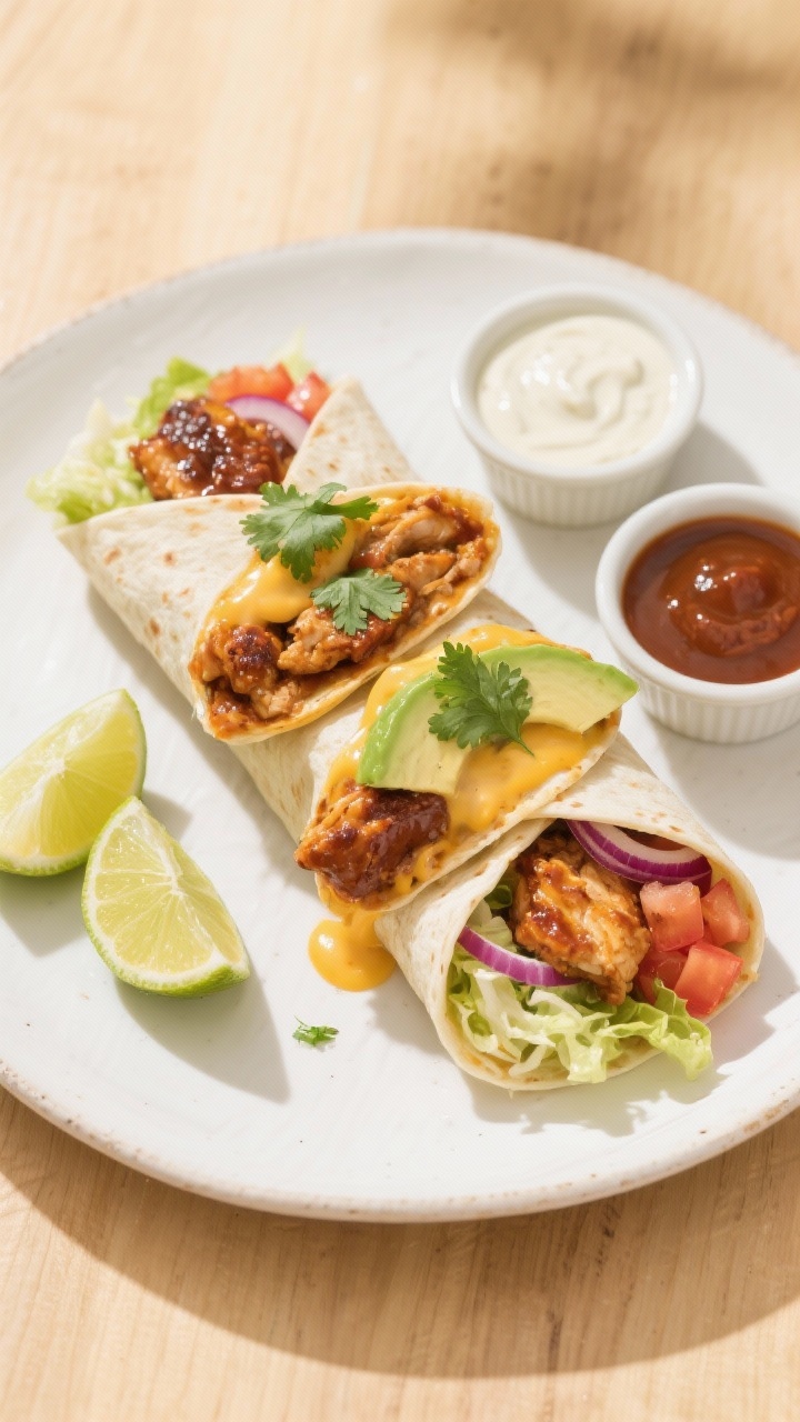 Final dish, tasty top view: Overhead shot of BBQ Chicken Ranch Wrap sliced on the diagonal and sligh