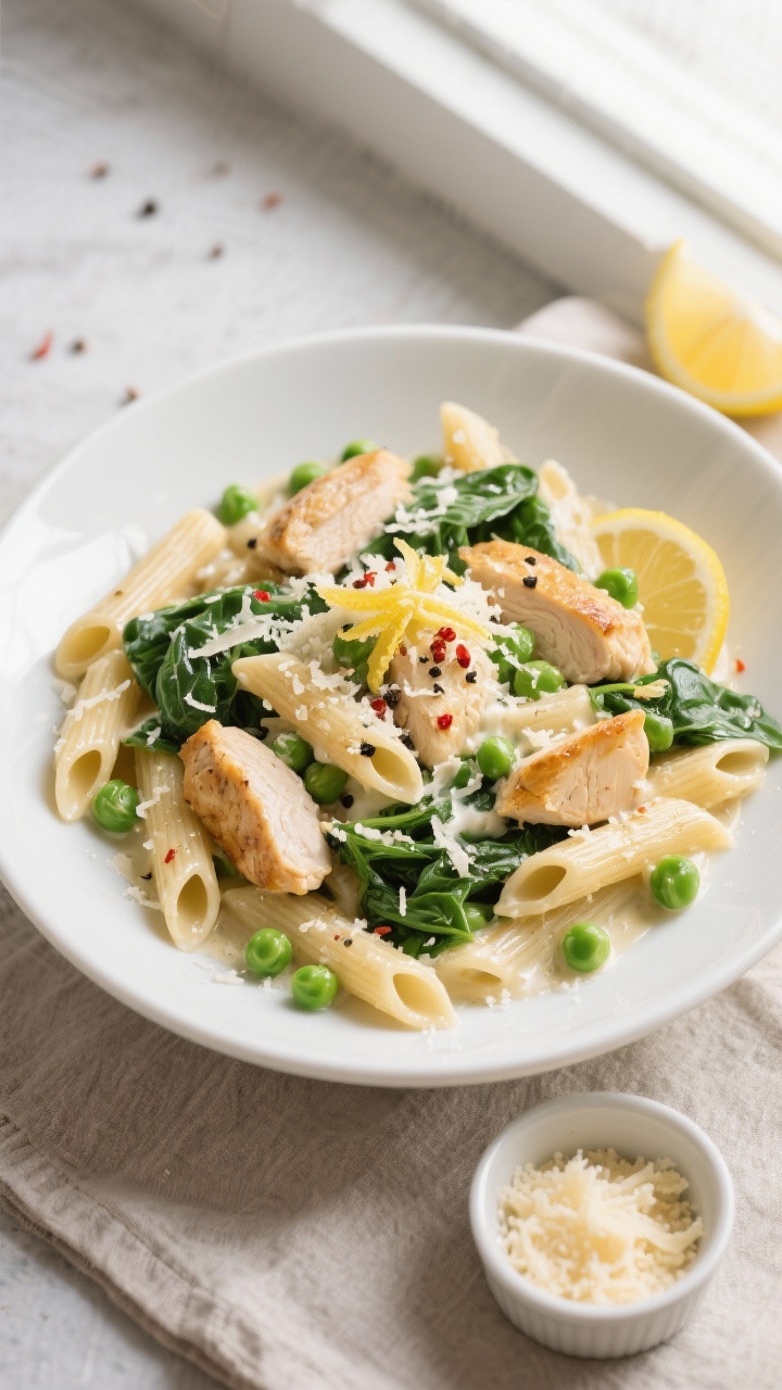 Final dish, tasty top view: Overhead shot of creamy high-protein penne pasta tossed with seared chic