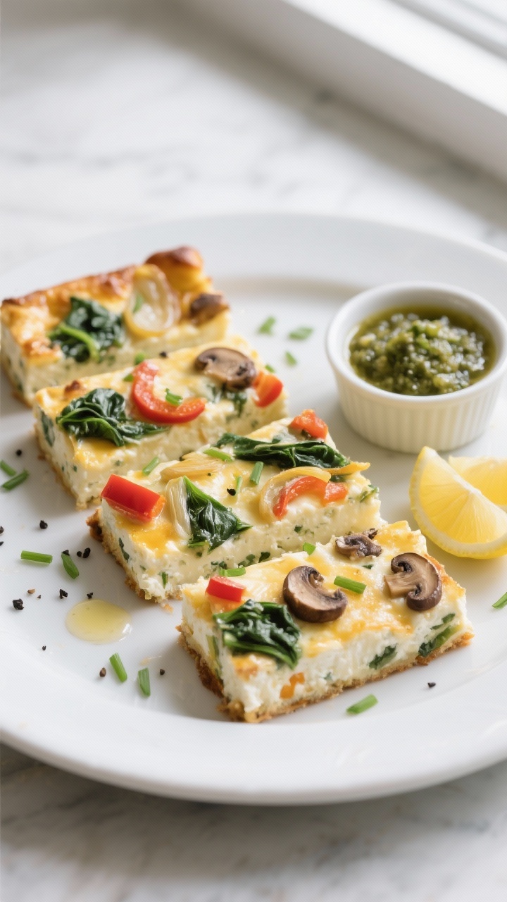 Final dish, tasty top view: Overhead shot of neatly sliced squares of the high-protein cottage chees