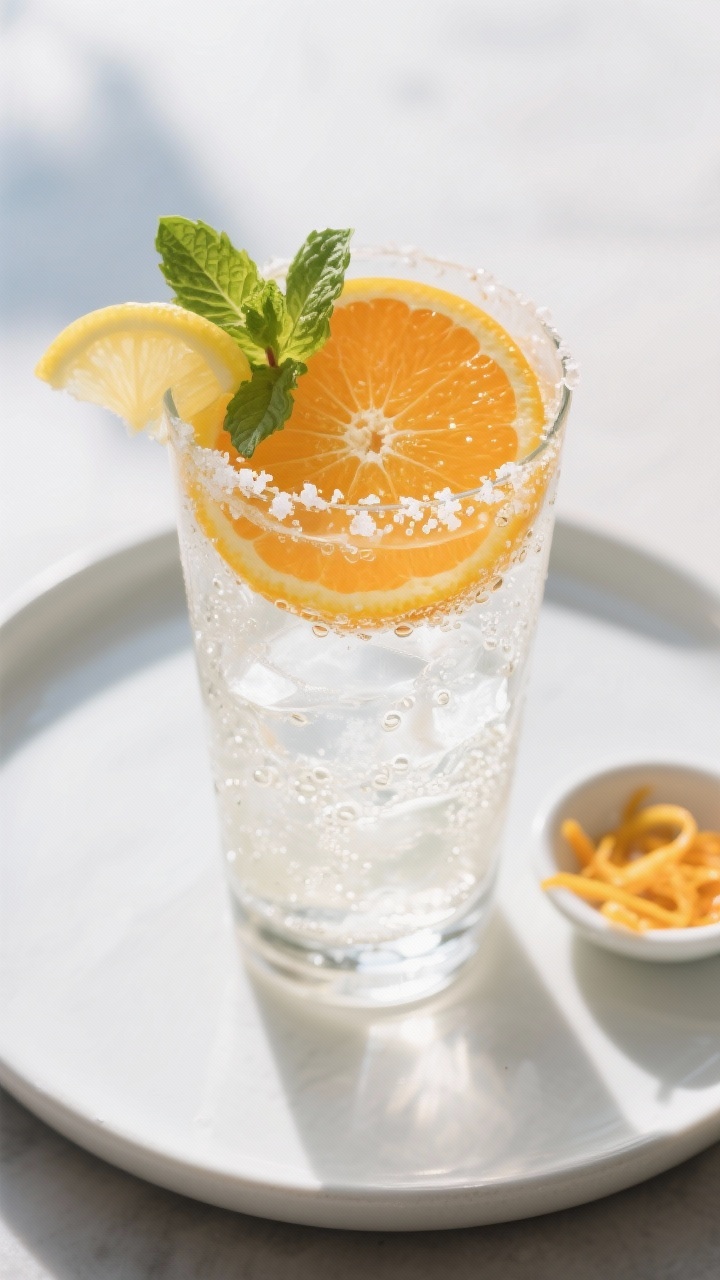 Final dish, top-down presentation: Overhead shot of the finished Honey Citrus Detox Mocktail in a ta