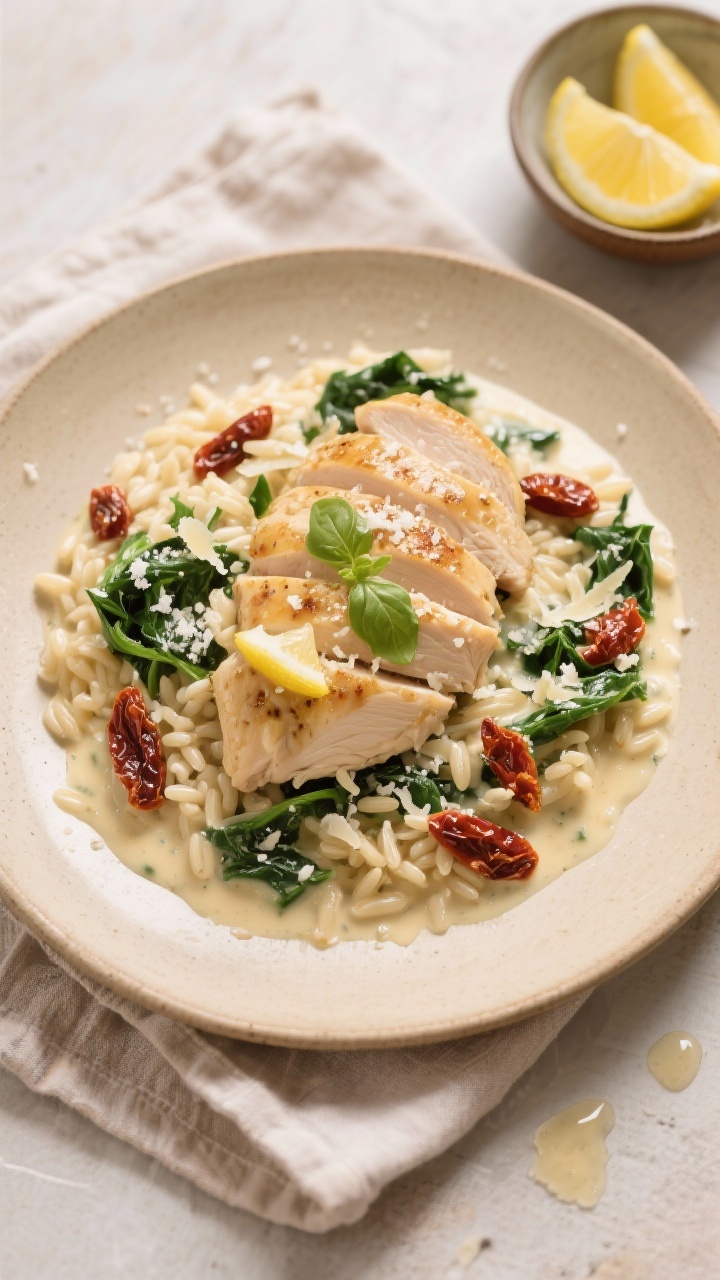 Final dish, top view: Overhead shot of Creamy Tuscan Chicken plated over al dente orzo—sliced juic