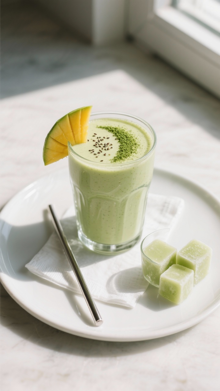 Final dish top view: Overhead shot of the finished Mango Matcha Protein Smoothie poured into a chill