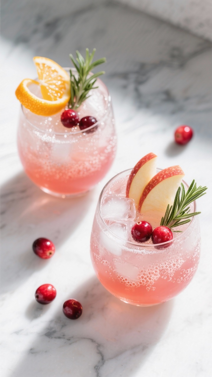 Final drink overhead: Overhead shot of two Spiced Apple Cranberry Mocktail Spritzes in stemless wine