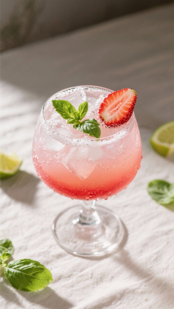 Final drink, overhead presentation: Tasty top-down shot of a finished Strawberry Basil Sparkler Mock