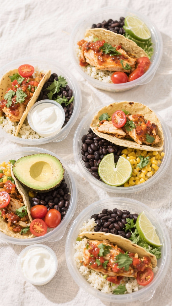 Final meal prep overhead: Four neatly arranged high-protein taco chicken bowls in clear meal-prep co