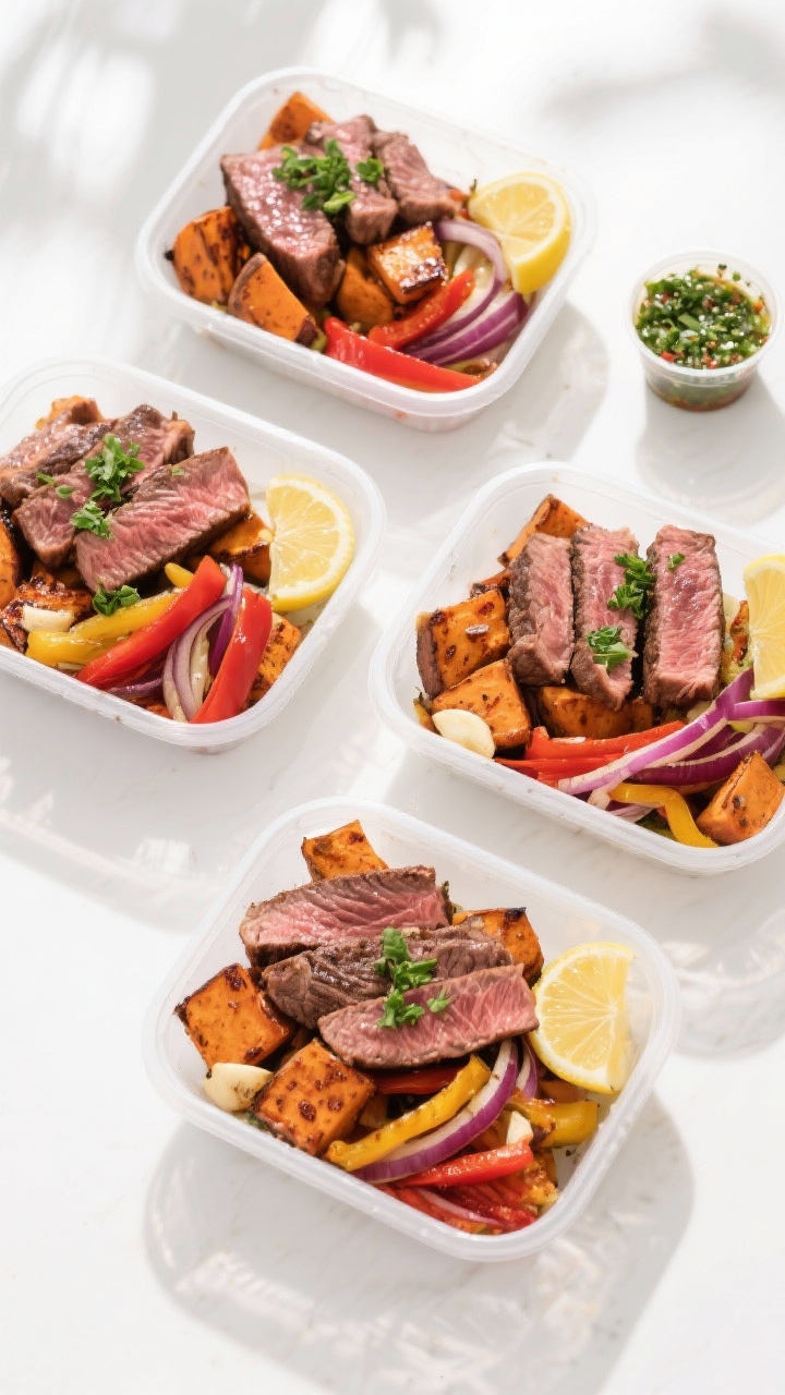 Final meal prep, tasty top view: Overhead shot of four neatly arranged meal prep containers filled w
