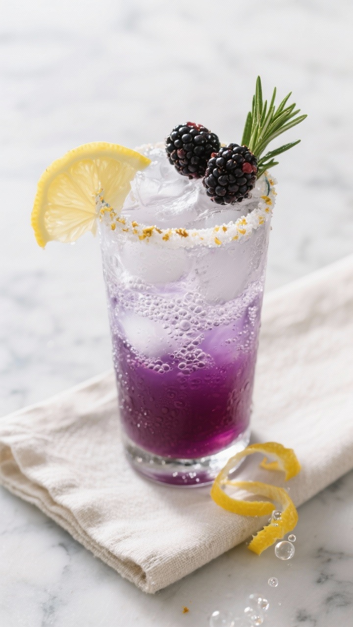 Final mocktail presentation, overhead: Winter Blackberry Vanilla Fizz mocktail in a chilled highball