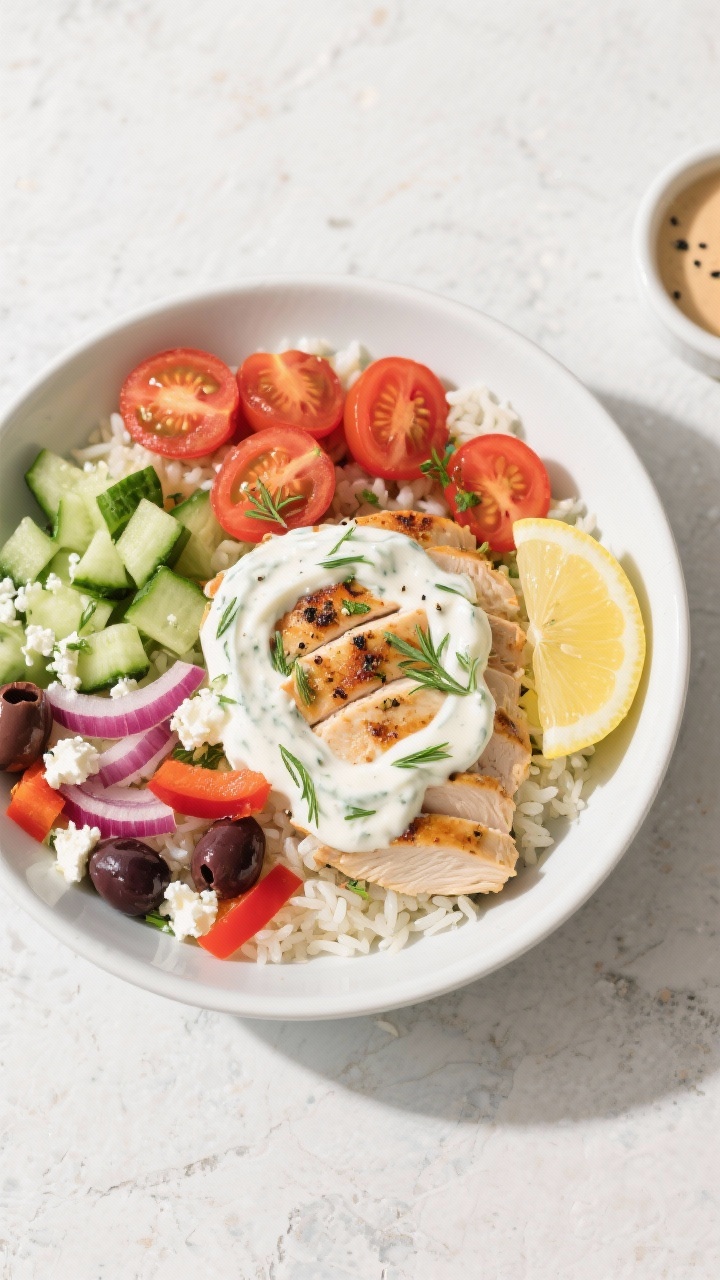 Final plated bowl, overhead: Overhead shot of a vibrant Greek chicken rice bowl: fluffy basmati rice