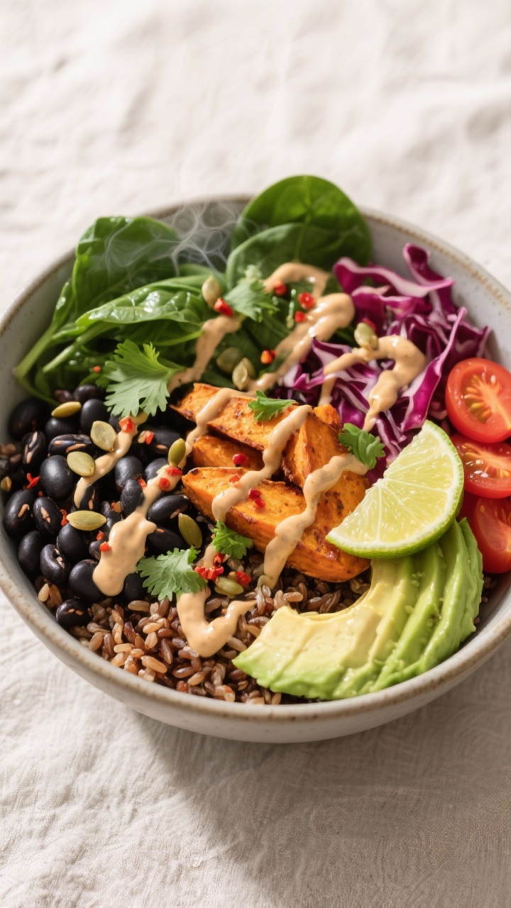 Final plated Buddha bowl, top-down: A vibrant gluten free bowl with a base of fluffy brown rice or q