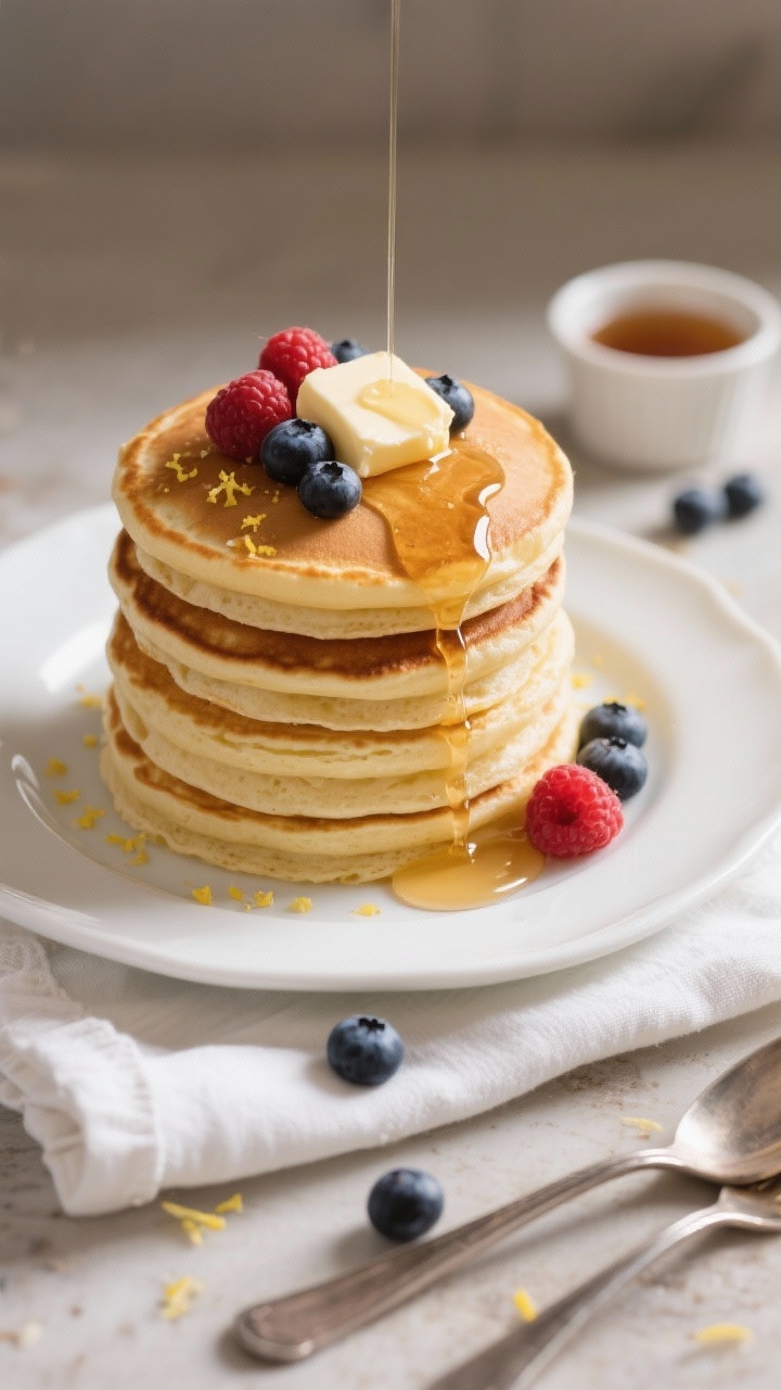 Final plated overhead: A tall stack of golden Greek yogurt protein pancakes on a white ceramic plate