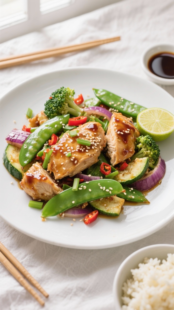 Final plated, overhead: Low carb high protein chicken stir fry served without rice on a wide white c