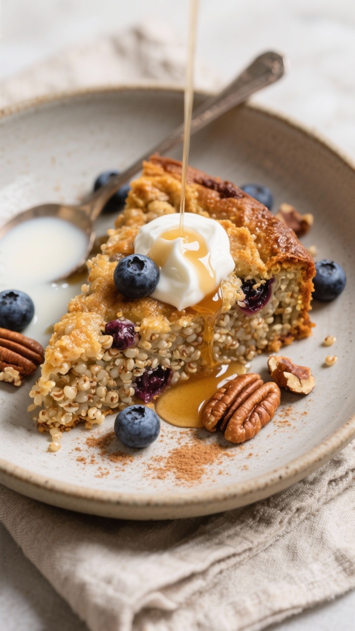 Final plated/overhead: Overhead shot of a warm slice of Maple Cinnamon Quinoa Breakfast Bake in a sh