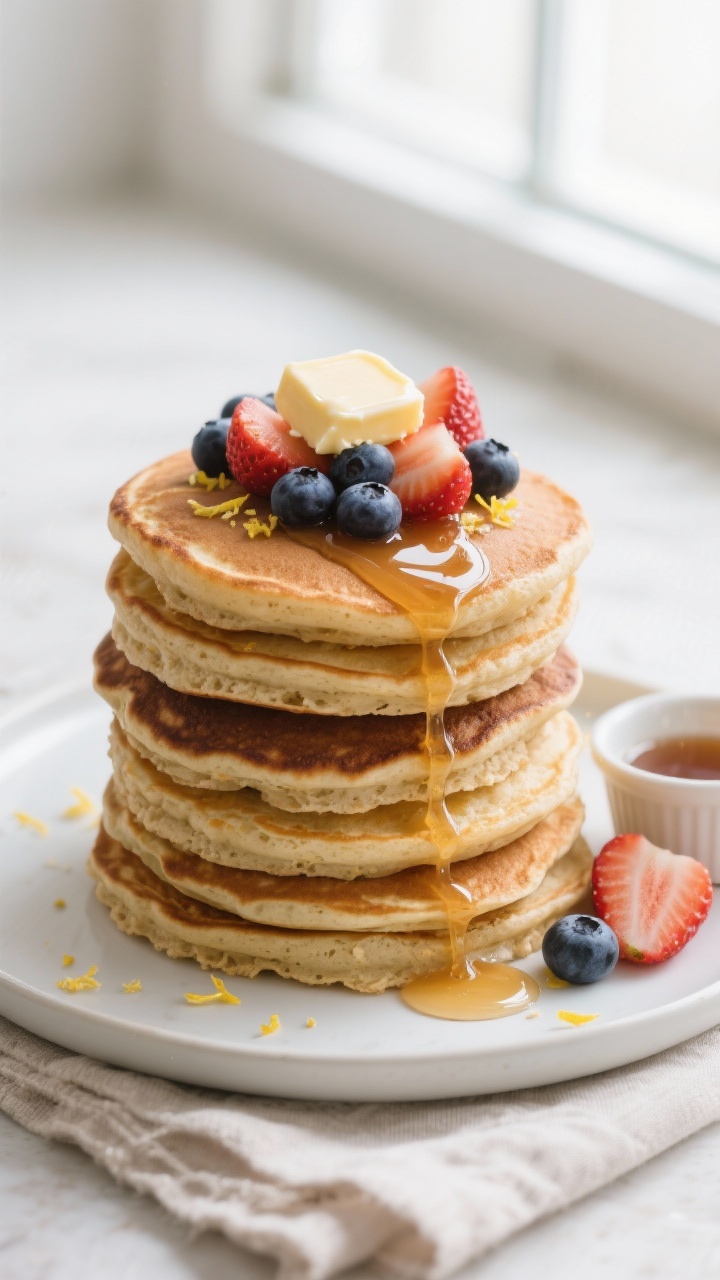 Final plated overhead: Tasty top-down shot of a tall stack of gluten-free almond flour protein panca