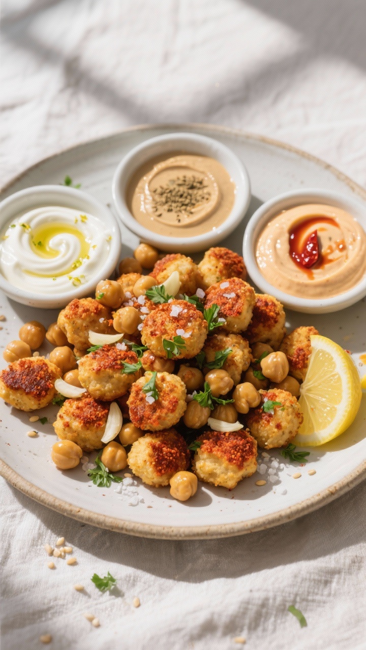 Final plated, tasty top view: Overhead shot of a ceramic platter piled with savory chickpea snack bi