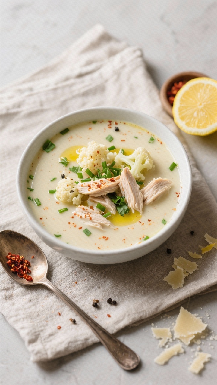 Final plated top-down: Overhead shot of a bowl of Creamy Cauliflower Chicken Soup, thick and smooth 