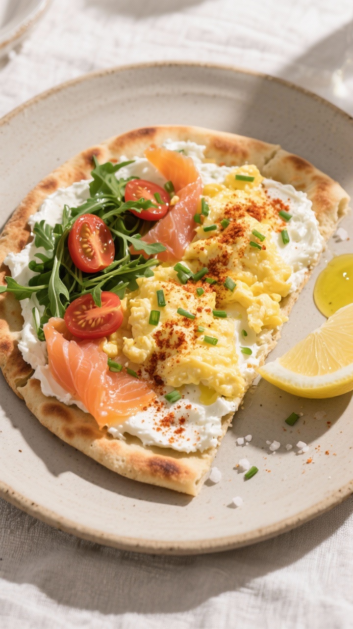 Final plated top view: High Protein Breakfast Flatbread with a warm, lightly toasted naan base sprea