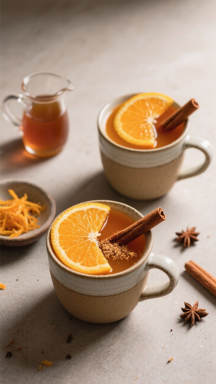 Final presentation, overhead hero: Overhead shot of two ceramic mugs filled with the warm Maple Oran