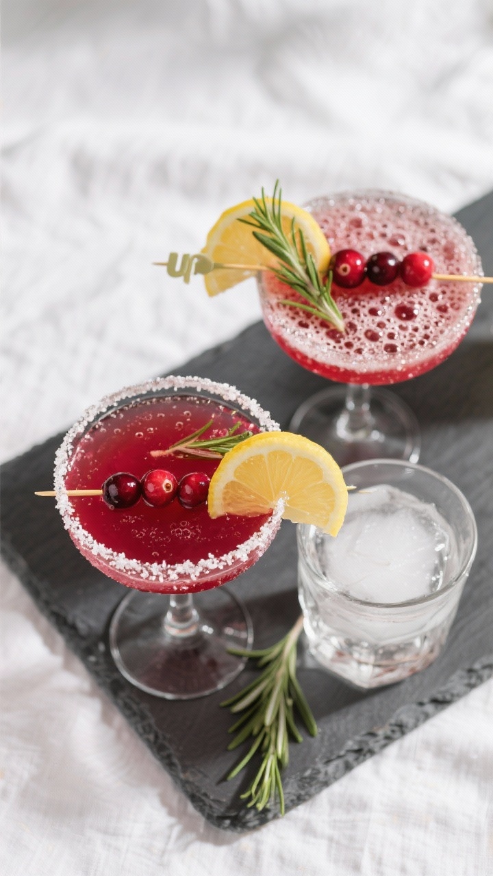Final presentation overhead shot: of two finished Cranberry Lemon Drop Mocktails—one “up” in a