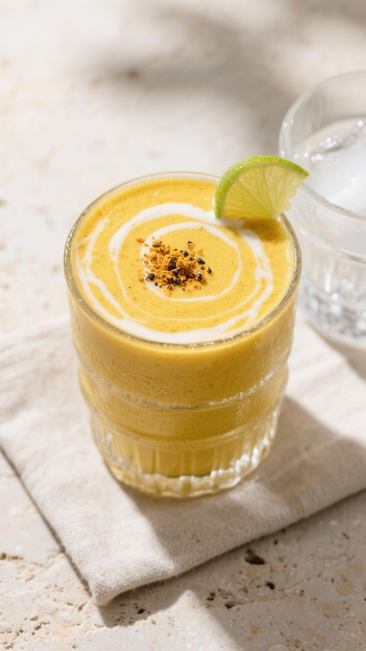 Final presentation/top view: Overhead shot of a Golden Turmeric Mango Smoothie poured into a frosty 