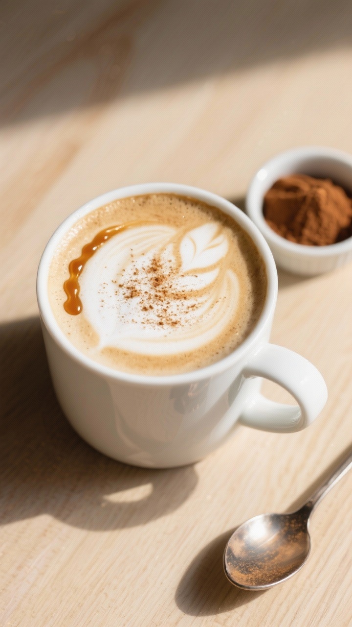 Final presentation top view: Overhead shot of a High Protein Hot Vanilla Almond Latte in a clean whi