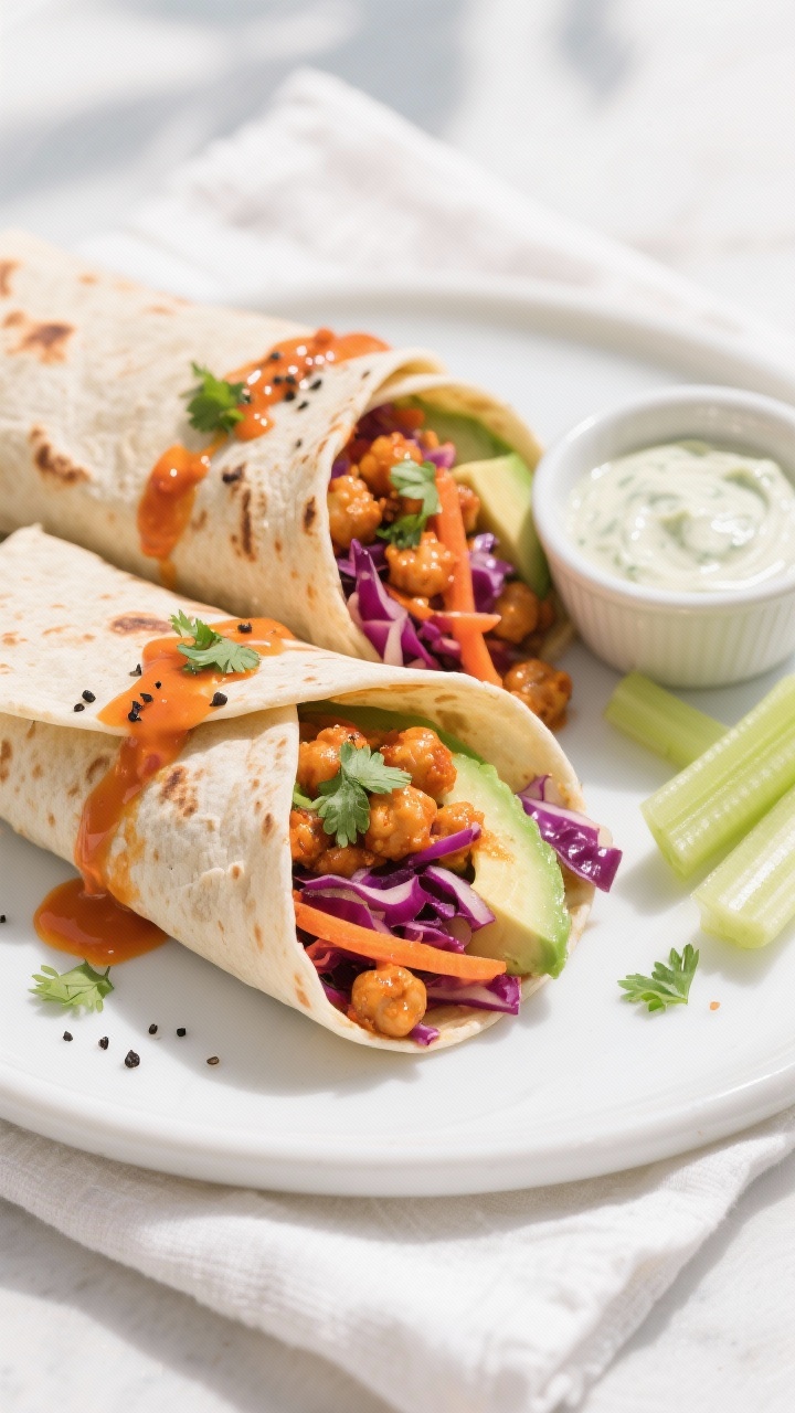 Final wrap presentation, overhead: Sliced Buffalo chickpea wraps on a matte white plate, cut-side up