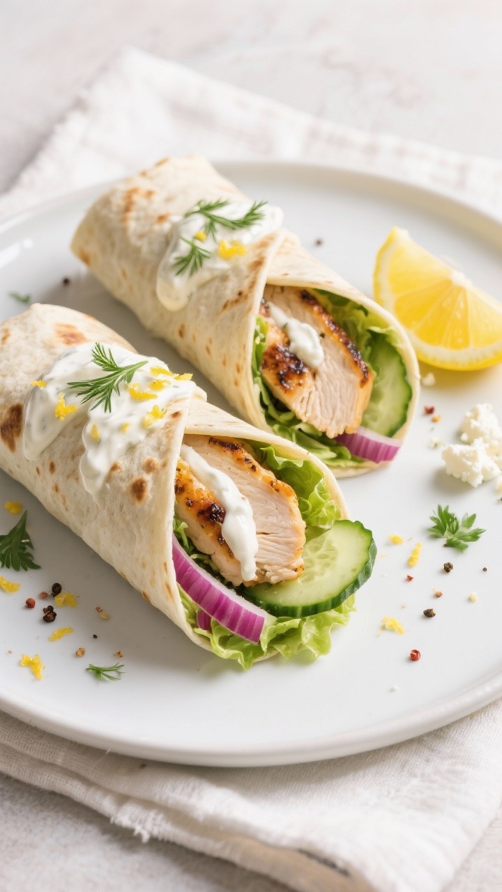 Final wrap, tasty top view: Overhead shot of two halved lemon pepper chicken wraps, tightly rolled a