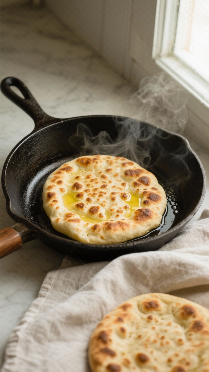 Overhead cooking process shot: A single Greek yogurt flatbread puffing in a preheated cast-iron skil