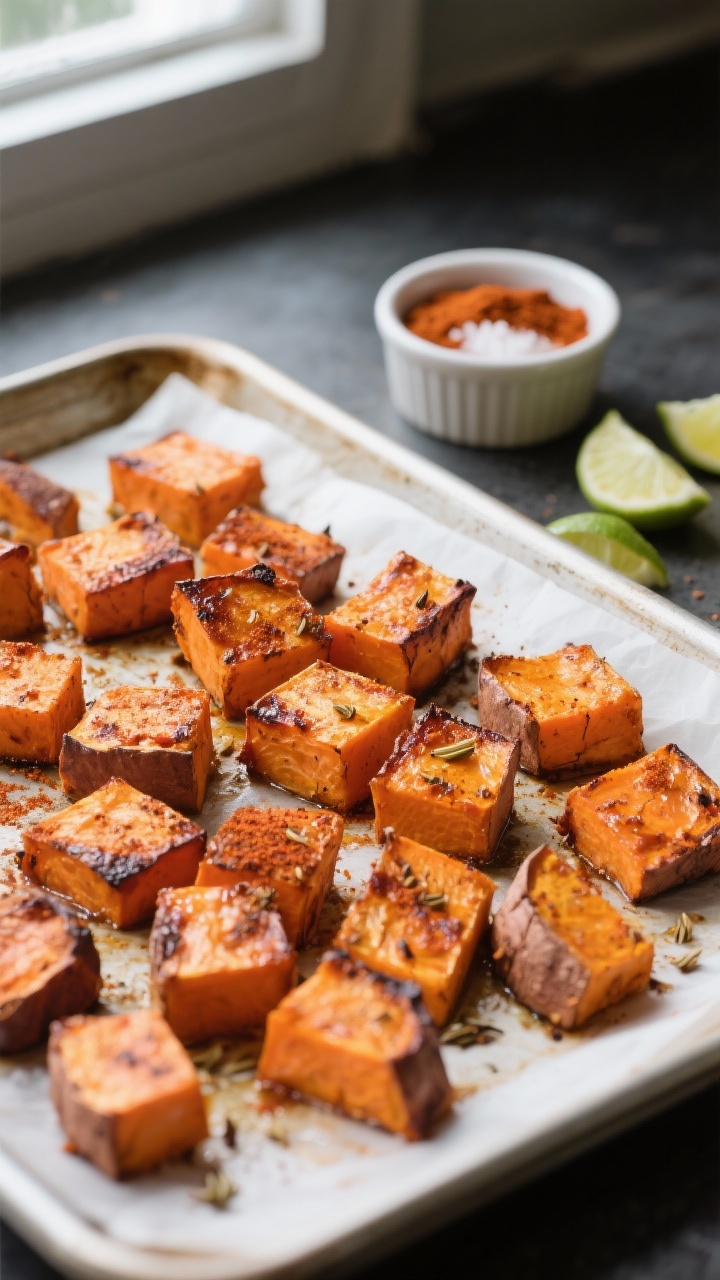 Overhead cooking process shot: Roasted spiced sweet potato cubes just out of the oven on a parchment