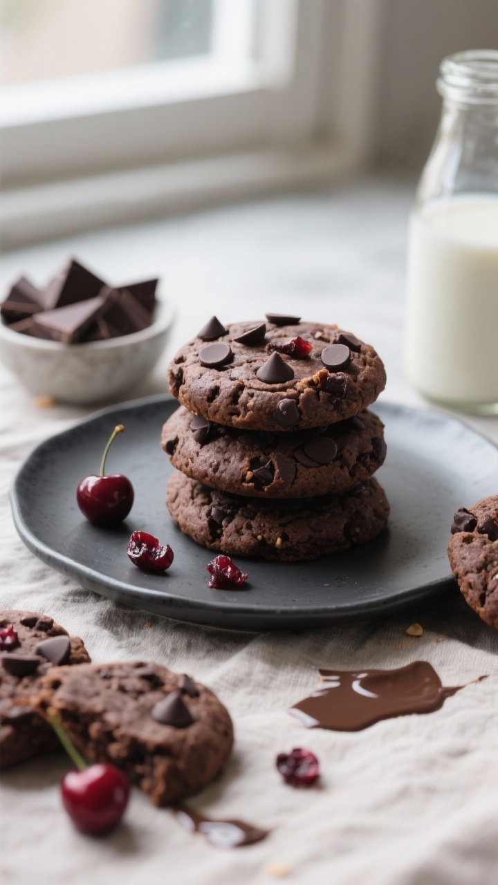 Overhead final presentation: A tidy stack of three gluten-free dark chocolate cherry protein cookies