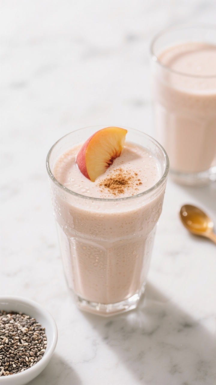 Overhead final presentation of a poured Peach Yogurt Protein Smoothie in a chilled clear glass, topp