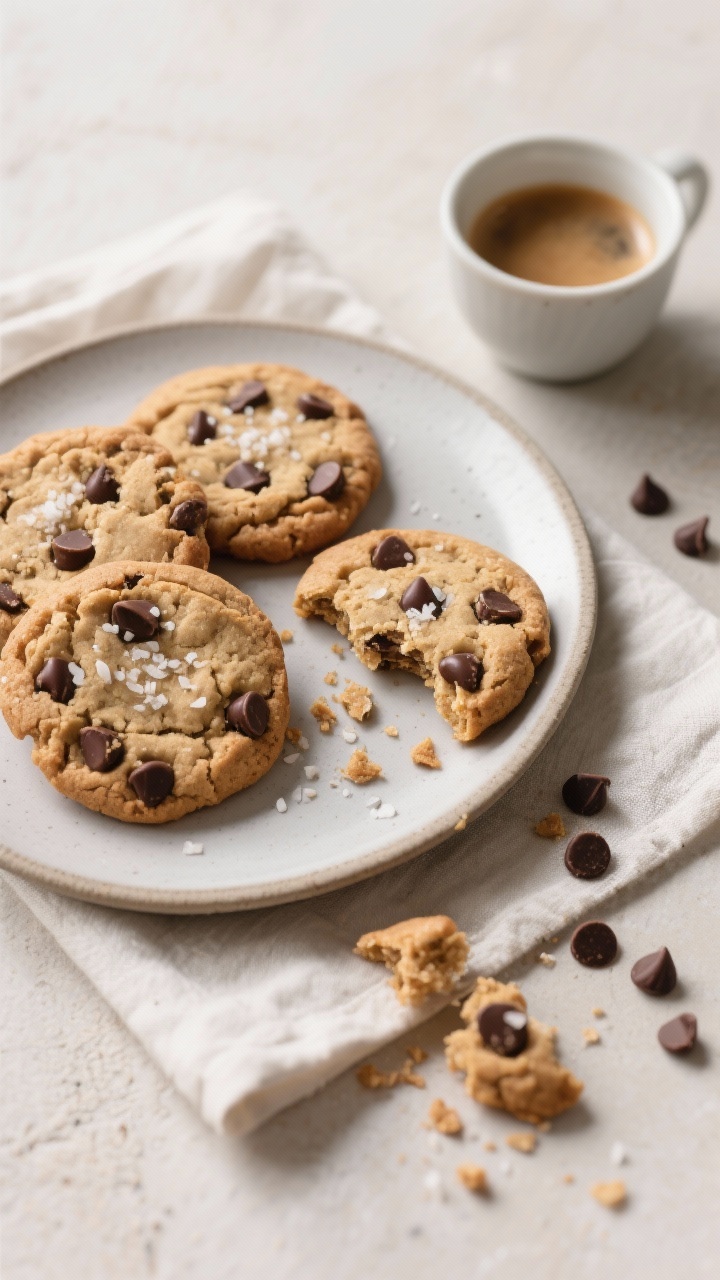 Overhead final presentation of almond butter chocolate chip protein cookies arranged on a matte cera