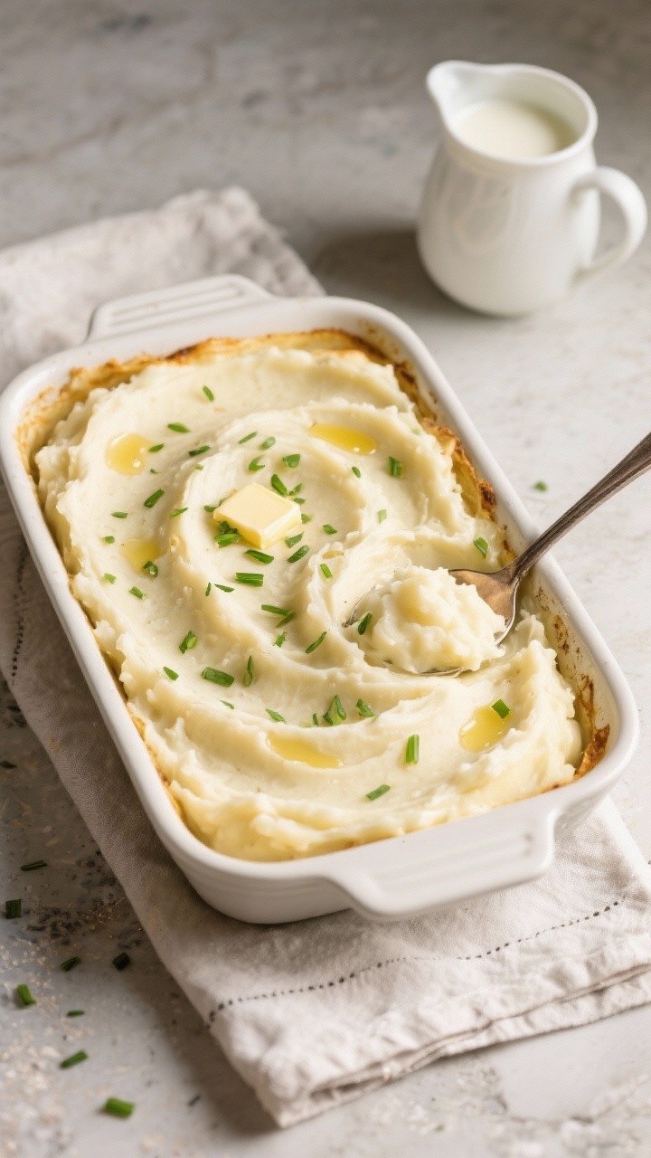 Overhead final presentation of make-ahead mashed potatoes reheated in a buttered 9x13 casserole: smo