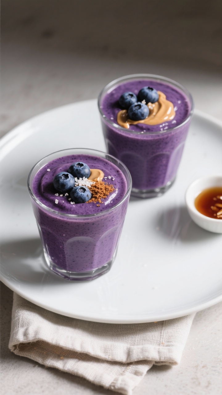 Overhead final presentation of the blueberry almond butter smoothie served in two chilled glasses; d