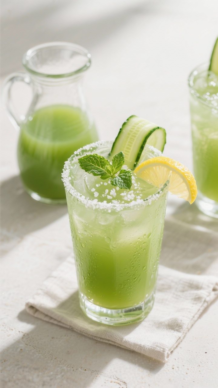 Overhead final presentation of the poured juice served over ice in a clear highball glass, garnished
