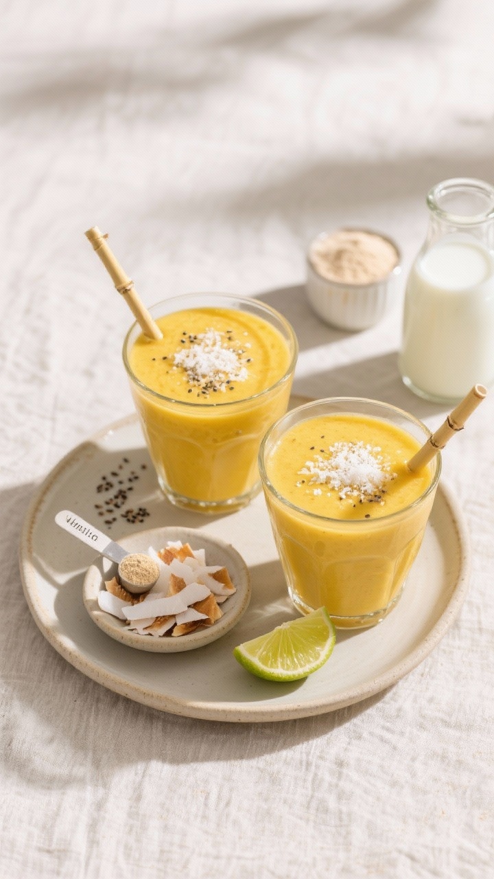 Overhead final presentation shot of the High Protein Mango Coconut Smoothie, two glasses on a neutra