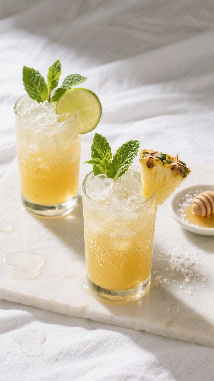 Overhead final presentation shot of the Pineapple Mint Hydration Mocktail served in two highball gla