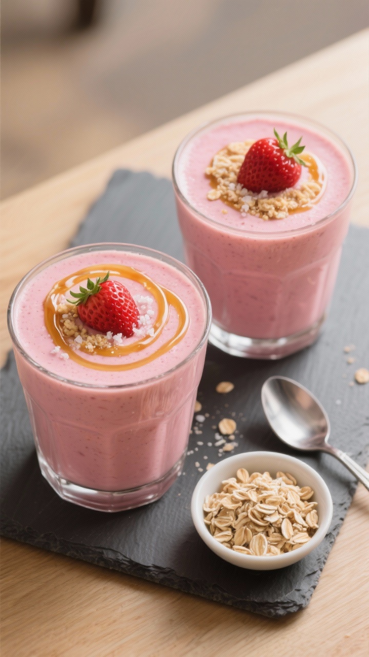 Overhead final presentation shot of the smoothie served dessert-style: two short, wide glasses fille