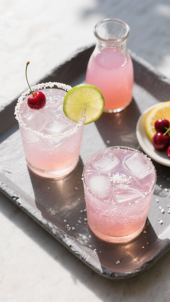 Overhead final presentation: Tasty of two finished Cherry Lime Ranch Water Mocktails—one classic w