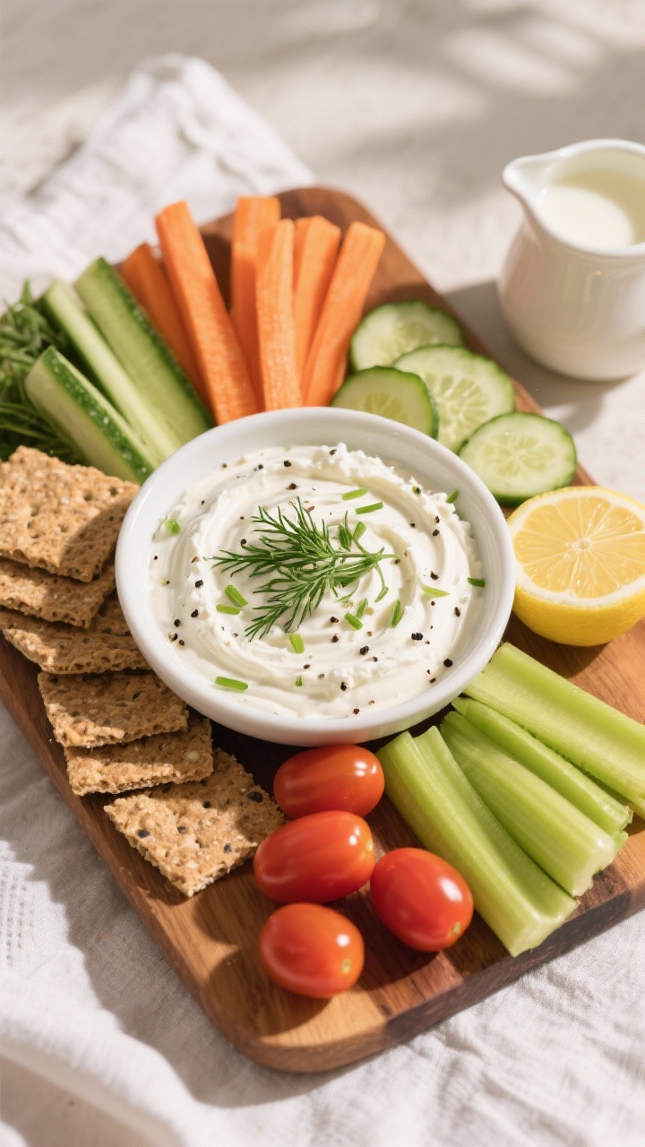 Overhead final presentation: top-down grazing board featuring the finished cottage cheese ranch dip 
